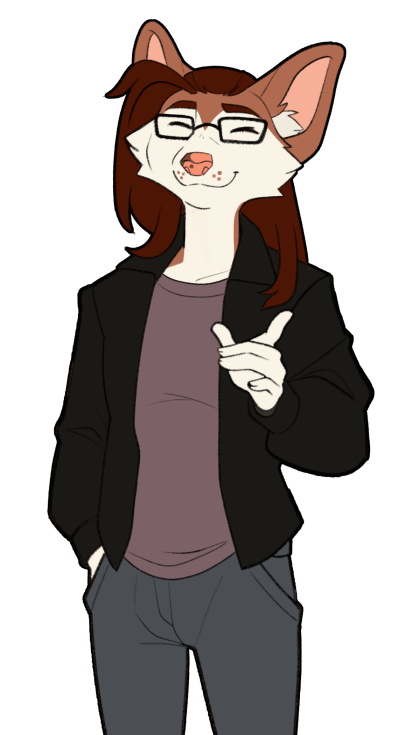 Egee as a PNG image standing smiling slightly pointing at you with one hand in his pocket and he's got his glasses on but his hair is down and not up like usual.